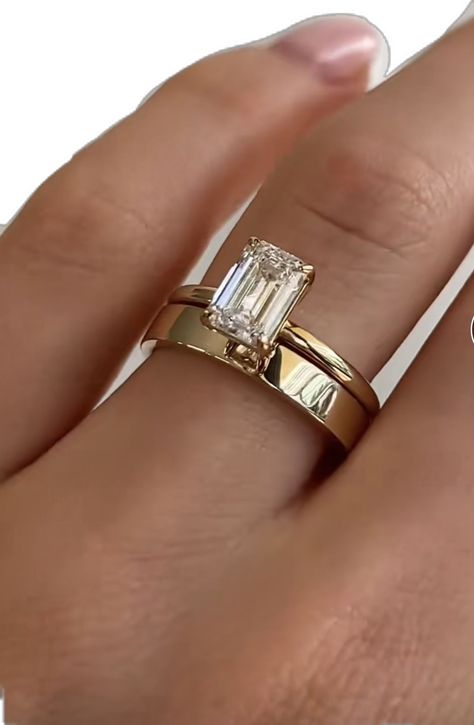 Rectangle Engagement Ring With Thick Wedding Band, Wedding Band For Rectangle Engagement Ring, Gold Rings Simple Engagement, Plain Gold Wedding Band With Engagement Ring, Silver Ring Gold Band, Rectangle Wedding Ring Stack, Radiant Carat Size Chart, 3.5 Carat Radiant Engagement Ring, Emerald Cut Thick Gold Band