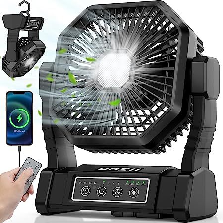 COZII Camping Fans for Tents, 20000mAh 75Hrs Battery Powered Rechargeable Camping Fan with 3 Colors Light, 4 Speeds, 4 Timing, Adjustable Head, Portable Camp Fan with Hanging Hook for Picnic, Patio Nitecore Flashlight, Clip On Fan, Tent Fan, Camping Materials, Camping Fan, Comfortable Camping, Led Camping Lantern, Portable Tv, Picnic Bbq