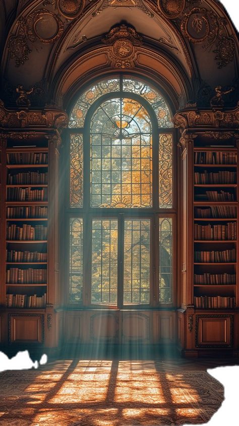 Library With Stained Glass Windows, Wooden Library Design, Library Fantasy Aesthetic, Library With Windows, Cute Library Aesthetic, Castle Library Aesthetic, Ancient Library Aesthetic, Ornate Library, Vintage Library Room