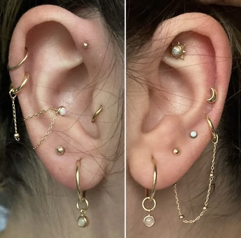 Ear Piercing Combos Both Ears, Wedding Earscapes, Capricorn Ear Piercing, Ear Curation Ideas Minimalist, Piercing Curation Ideas, Mixed Metals Ear Piercings, Ear Piercings Placement Chart Classy, Asymmetrical Piercings, Mixed Metal Ear Curation