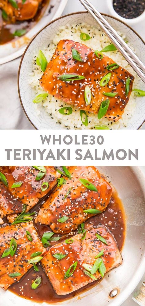 This teriyaki salmon is a quick and flavorful recipe that's Whole30 compliant. Naturally sweetened with coconut aminos, this Chinese inspired recipe is delicious over cauliflower rice! Paleo, gluten free, grain free. #chinese #whole30 #paleo #salmon #dinner Paleo Salmon Recipe, Cauliflower Rice Paleo, Whole30 Salmon Recipes, Paleo Seafood, Paleo Salmon, Salmon Teriyaki Recipe, Paleo Seafood Recipes, Paleo Fish, Salmon Marinade