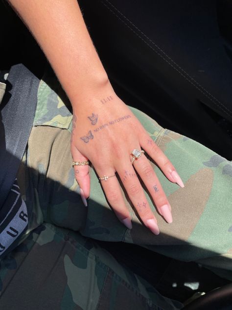 Enough Hand Tattoo, Discreet Hand Tattoos, Tattoo Hand Placement, I Built Me Tattoo, Hand Tattoos On Women, M Hand Tattoo, Written Hand Tattoos, She Is Art Hand Tattoo, Aesthetic Tattoos Hands