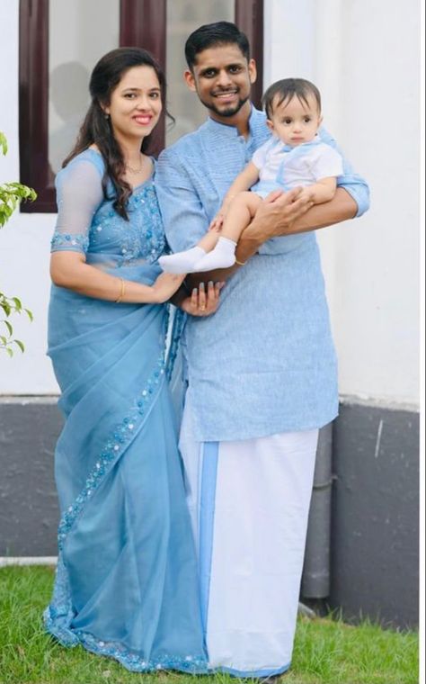 Family Photoshoot Dress Ideas Outfit, Naming Ceremony Dress For Family, Baptism Saree For Mom Kerala, Baptism Outfit Women Kerala, Mom Dad Son Photoshoot, Family Theme Dress For Indian Wedding, Annaprasana Photoshoot, Baptism Saree, Name Ceremony