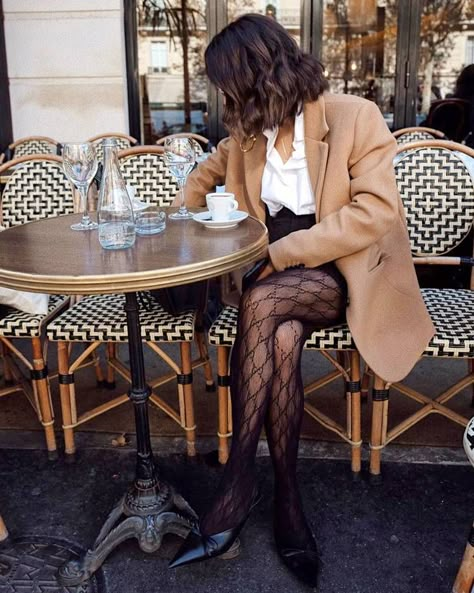 19 Outfits With Printed Tights to Try This Winter | Who What Wear Printed Tights Outfit, Gucci Tights Outfit, Fish Net Tights Outfit, Gucci Tights, Black Tights Outfit, Winter Stockings, Tights Outfits, Stockings Outfit, Printed Tights