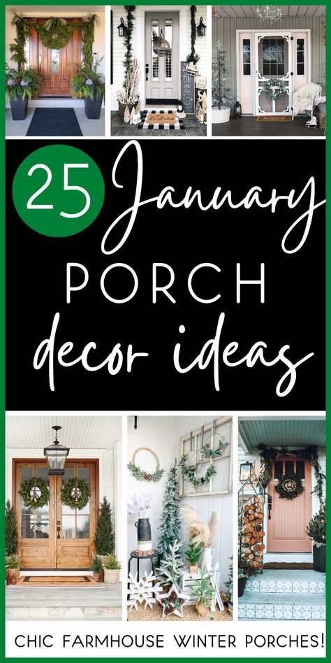 Looking for front porch decorating ideas for winter? You'll find inspiration for a cozy winter aesthetic for your front door and porch, perfect for January!! These winter front porch ideas are the best out there - classy, elegant and easy! Gorgeous modern farmhouse styles - including rustic and minimalist! Enjoy creating winter porch decor you'll enjoy through the cold months - including garlands, winter wreaths, lanterns, lighting, vintage decor ideas and more! Small Outdoor Entryway Ideas Front Entry Porch Designs, Chic Front Porch Decor, Double Door Porch Ideas, All Season Front Porch Decor, Southern Front Door Decor, Winter Porch Ideas Cold Weather, Front Porch Ideas Modern Farmhouse, Modern Farmhouse Front Porch Decor Ideas, Small Porch Decorating Winter