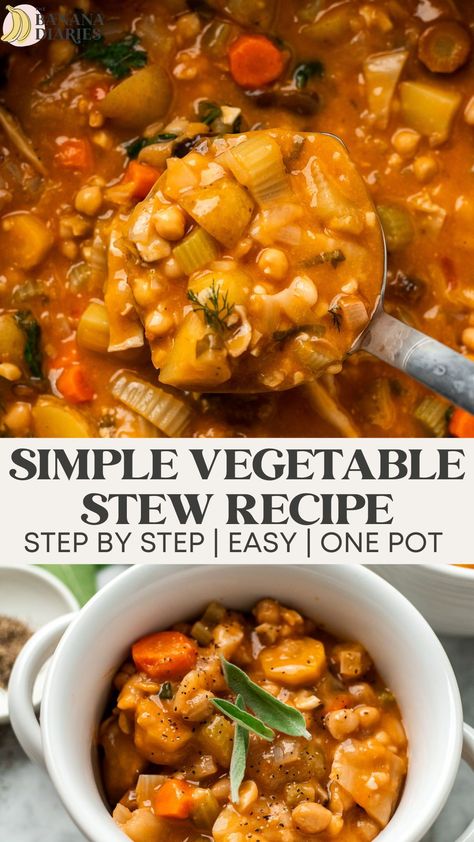 This one pot hearty & comforting vegetable stew recipe is as easy as it is nutrient-dense and deliciously savory! Full of veggies and herbs, mushrooms, potatoes, and beans this veggie stew is ready in just under 1 hour and packed with plant-based protein for a hearty weeknight dinner to keep you warm all winter long! And yes, you can make it gluten free! Healthy Vegetable Stew Recipes, Hearty Veggie Stew, Easy Veggie Stew Recipes, Crock Pot Stew Vegetarian, Barley Stew Vegetarian, Recipes With Veggie Broth, Vegetarian Dumpling Stew, Vegan One Pot Meals Healthy, Vegetarian Potato Stew