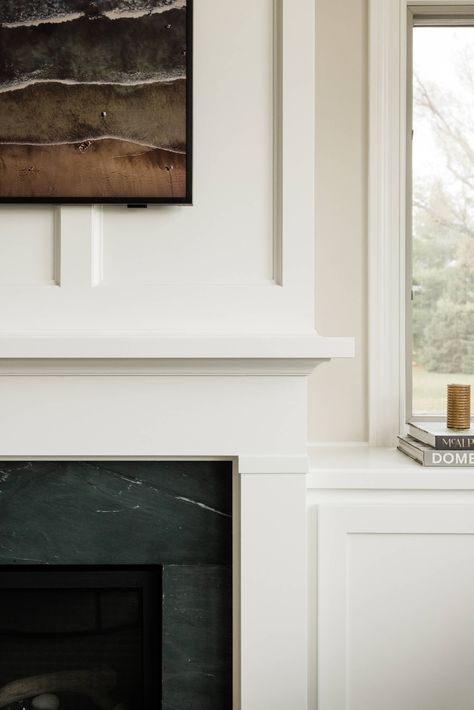 Wood Trim Fireplace Surround, Grey Marble Fireplace Surround, Transitional Fireplace Surround, Natural Wood Fireplace Surround, Fireplace Mantle Design, Soap Stone Fireplace, Fireplace With Molding, Fireplace Paneling Wall, Gas Fireplace Mantle