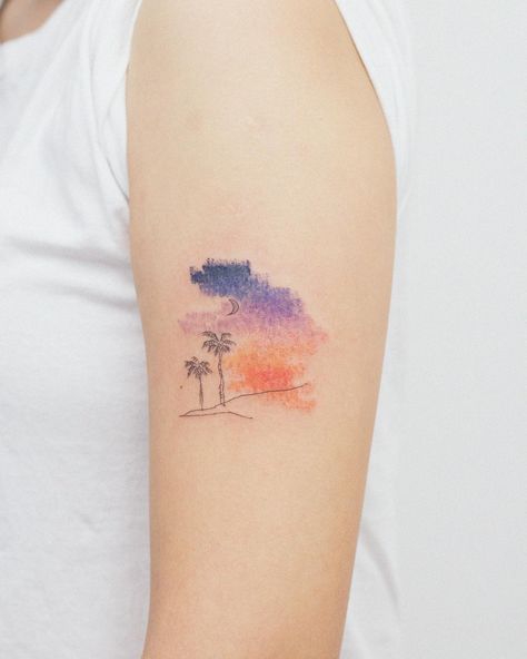 Sunset Tattoo Color, Wave Tattoo Wrist, Soft Tattoo, Colour Tattoo For Women, Sky Tattoos, Tattoos To Cover Scars, Sunset Tattoos, Band Tattoo Designs, Galaxy Tattoo