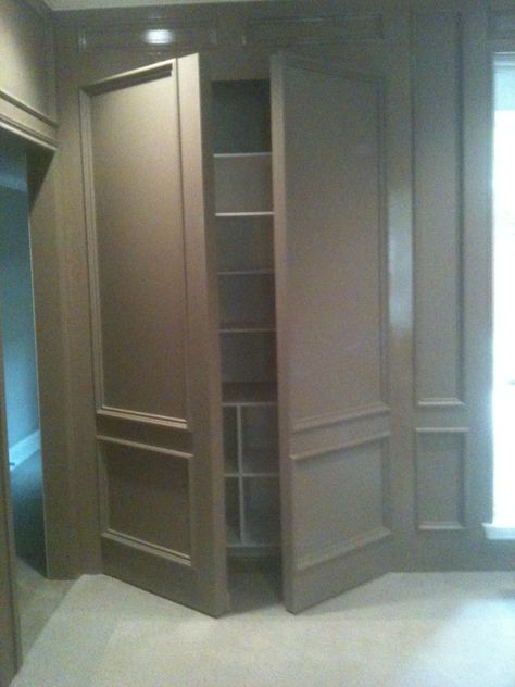 Double Wall Panel open - Media room: single doors flanking the screen Hidden Doors In Walls, Hidden Closet, Murphy Door, Wainscoting Styles, Wall Closet, Hidden Rooms, Closet Decor, Secret Door, Hidden Door