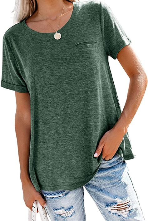 Bingerlily Women's Roll Up Short Sleeve T Shirts Summer Crew Neck Tops Loose Causal Tees with Pocket Green at Amazon Women’s Clothing store Short Sleeve Tops Casual, Basic Blouses, Pocket Blouse, Short Sleeve Tunic, Casual Stripes, Elegant Shirt, Solid Tops, Outfit Casual, Shorts With Pockets