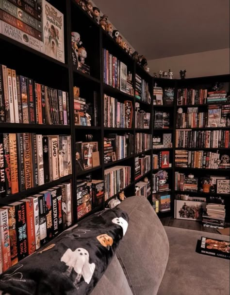 Goth Library Aesthetic, Gothic Home Library, Book Bedroom Aesthetic Dark, Goth Bookshelf, Black Bookshelf Aesthetic, Spooky Bookshelf, Gothic Bookshelf, Goth Bookshelf Aesthetic, Bookshelf Aesthetic Dark