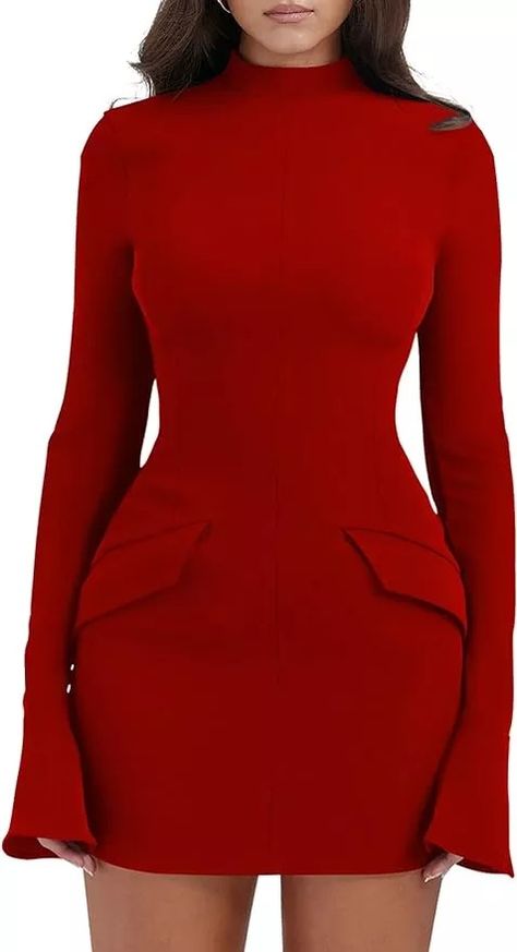 YMDUCH Women's Long Sleeve Mock Turtle Neck Bodycon Mini Tank Short Party Dress | Amazon (US) Corporate Gowns, Mini Red Dress, Classy Short Dresses, Corporate Dress, Mock Turtle Neck, Chic Dress Classy, Dinner Dress Classy, Flare Long Sleeve, Short Party Dress