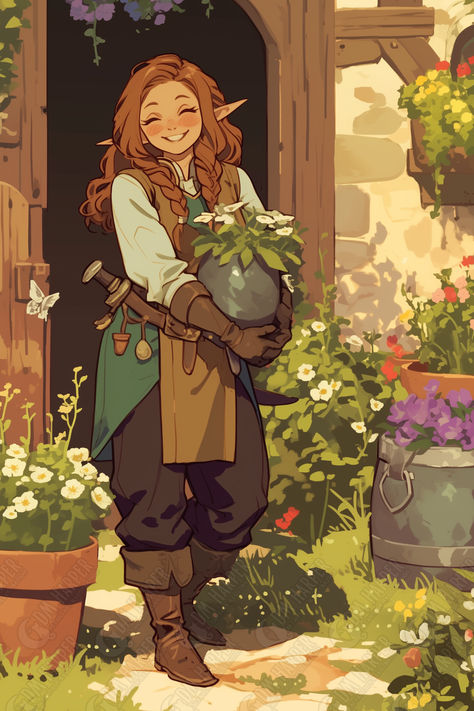 Taela Summerhawk, Halfling Apothecary & Herbalist. Mother of Four (Storm King's Thunder) Drawing Dnd Characters, Gardener Design, Gardening Drawing Reference, Elf Adventurer, Herbalist Drawing, Mother Character, Plus Size Character, Shepherdess Character Design, Nature Woman