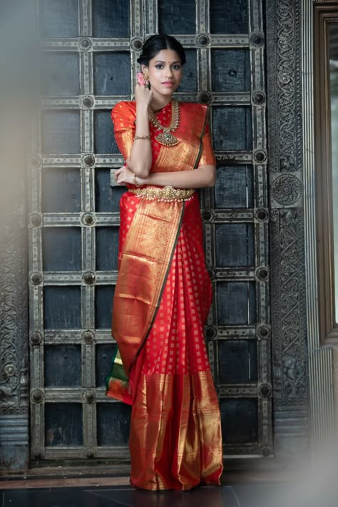 Red Wedding Saree Brides, Red Pattu Saree Brides, Red Kanjivaram Saree Silk Bridal, Red Kanchipuram Saree Bride, Half Saree Outfit, Simple Pattu Sarees, Works For Blouses, Red Pattu Saree, Pattu Saree Designs