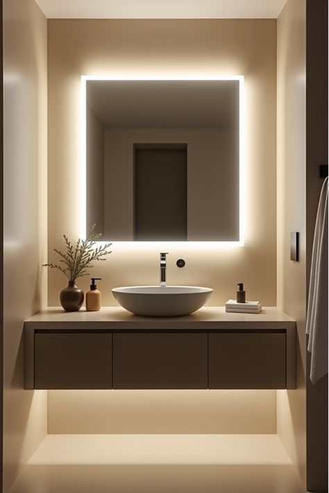 Floating vanity with backlit mirror in compact bathroom Restroom Lighting Ideas, Small Powder Room Lighting, Powder Room Pendant Lighting, Small Vanity Ideas Bathroom, Revamp Bathroom, Shower Lighting Ideas, Recessed Vanity, Open Bathroom Vanity, Eco Office