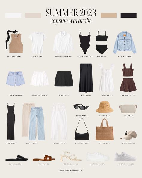 Summer 2023 Capsule Wardrobe + Outfit Ideas | Erika Marie Summer Commuter Outfit, Travel Capsule Wardrobe Italy, Staple Wardrobe Bottoms, Los Angeles Capsule Wardrobe, Europe Wardrobe Summer, Elevated Basics Outfit Summer, Edmonton Outfits, Summer Wardrobe Essentials 2024, Monochrome Summer Outfit Ideas