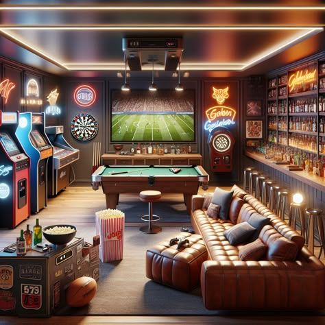 This ultimate man cave boasts a minibar, TV sports, pool table, gaming arcade, and VR corner, all wrapped in sports memorabilia decor. Let the jukebox play as you chill in the cozy, ambient setting. #ManCave #HomeBar #GameRoom #SportsDen #RetroArcade #VRGaming Arcade In Basement, Small Basement Arcade, Industrial Arcade Room, Arcade Room In House, Arcade Basement, Basement Arcade, Man Cave Arcade, Mansion Arcade Room Luxury, Sports Pool