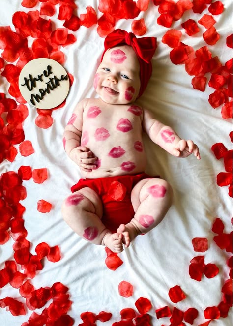 Monthly baby photos, at home, iPhone photo, baby photo styling, baby kiss photo, baby love photo, baby photo with rose petals. Kisses On Baby Photos, Baby Kisses Picture, Valentines Day Baby Photoshoot 3 Months, Valentines Baby Photoshoot Ideas, Valentines Pictures Baby, February Milestone Baby Picture, Valentine’s Day Photoshoot Baby, Valentine Baby Photo Shoot, At Home Baby Photoshoot