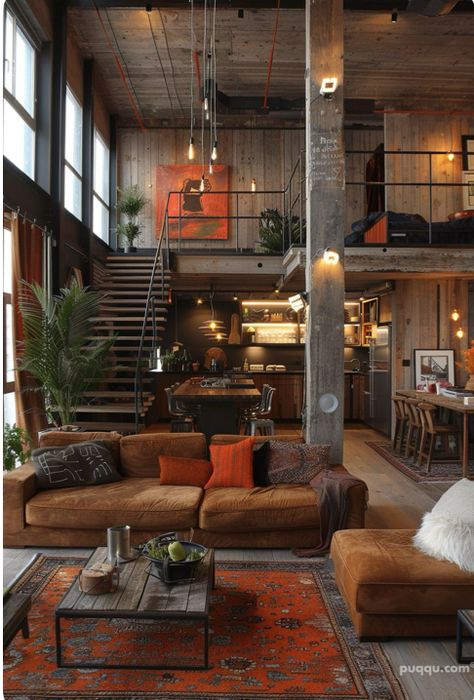 Modern Loft House Design, Modern Industrial House, Modern Loft House, Loft Apartment Industrial, Loft Apartment Decorating, Rustic Tiny House, Loft House Design, Warehouse Home, Loft Interior Design