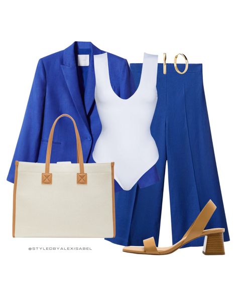 Cobalt blue pants suit with white sleeveless top and canvas tote with tan chunky heels. #StyledbyAlexIsabel #fashion #outfit #outfitideas #stylishworkattire #falloutfit Cobalt Blue Outfit, Comfy Casual Summer Outfits, Cobalt Blue Pants, Fall Work Outfit, Ideas For Organizing, Dress Pants Outfits, Life Hackers, White Sleeveless Top, Stylish Work Attire