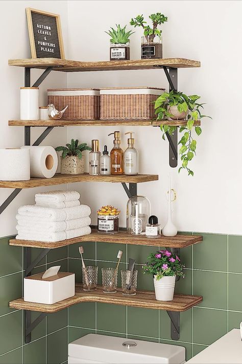 Cute bathroom idea :)! They are almost 45% off for a prime deal! Corner Floating Shelves, Wooden Bathroom Shelves, Float Shelf, Hanging Storage Shelves, Hanging Bookshelves, Wood Wall Shelves, Wall Mounted Corner Shelves, Shelves For Bathroom, Floating Shelves Wall