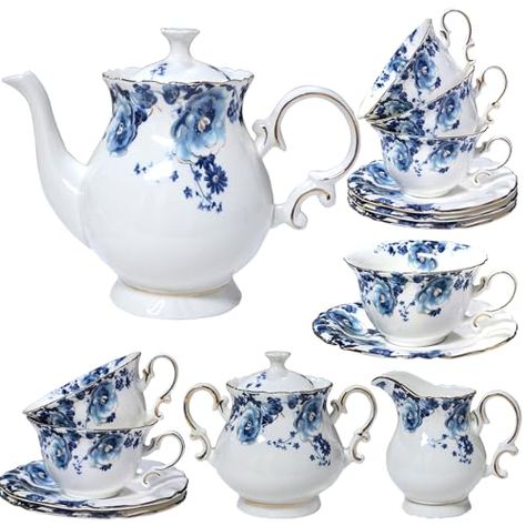 21-Piece Bone China Tea Set for Adults, Blue and White Porcelain Tea Set for 6, Vintage Floral Tea Set With Teapot Creamer Pitcher Sugar Bowl and Teaspoons, Tea Party Sets for Women Gift Tea Set Display, Victorian Tea Sets, Floral Tea Set, English Tea Set, Vintage Tea Set, Tea Party Setting, Bone China Tea Set, Blue Tea, China Set