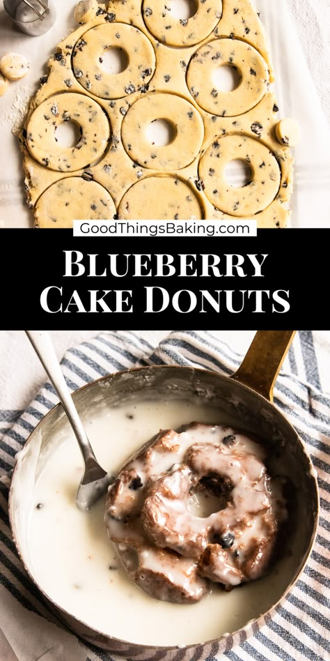 These blueberry cake donuts will rival any that you find at your favorite donut shop. They're deep fried with a crackly layer of glaze and a tender, lightly sweet center. Easy Blueberry Cake, Cake Donuts Baked, Blueberry Cake Donuts, Cake Donuts Recipe, Homemade Donuts Recipe, Vanilla Glaze, Easy Blueberry, Homemade Donuts, Doughnut Recipe