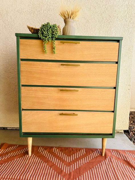 🍃Olive 🍃Look at this sweet Mid-Century Modern dresser. Repainted the body and left the drawers in its natural wood.Ready to be added to any style home.#furnituremaker #furnitureartist #thisismylife #furnitureart #womenartist #diy #homerenovation #furnituremaker #makeovereels #reelstransformation #thrifted #inspo #upcycled #flipfam #flipdiaries #womenartist #thisismylife #sidetable | Trisha's Treasures | Trisha's Treasures · Original audio