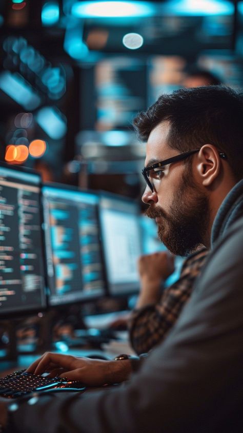 Focused Tech Professional: A skilled programmer diligently works in a high-tech environment filled with multiple computer screens. #technology #programmer #computer #screens #coding #tech #software #data #aiart #aiphoto #stockcake https://ayr.app/l/bC1V Tech Photography, Company Photography, Nerdy Style, Computer Photo, Work Photos, Tech Job, Computer Programmer, Zhuhai, Tech Company