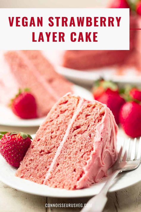 This vegan strawberry cake is made with two layers of cake and a decadent dairy-free cream cheese frosting. It's moist, tender and bursting with fruity deliciousness! Vegan Strawberry Cake, Vegan Cake Frosting, Dairy Free Cream Cheese Frosting, Strawberry Layer Cake, Vegetarian Wedding, Meatless Meatloaf, Vegan Pies Recipes, Strawberry Layer Cakes, Strawberry Birthday Cake