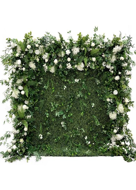 gorgeous and creatieve flower backdrop decoration trends White Backdrop With Greenery, Green Backdrop Wedding Floral Wall, Green Floral Background Flower Wall, Sage Green Flower Background, Green Floral Party Decor, Boxwood Wall Stand, Green Back Drop With Flowers, Fern Wedding Backdrop, Grass And Flower Wall