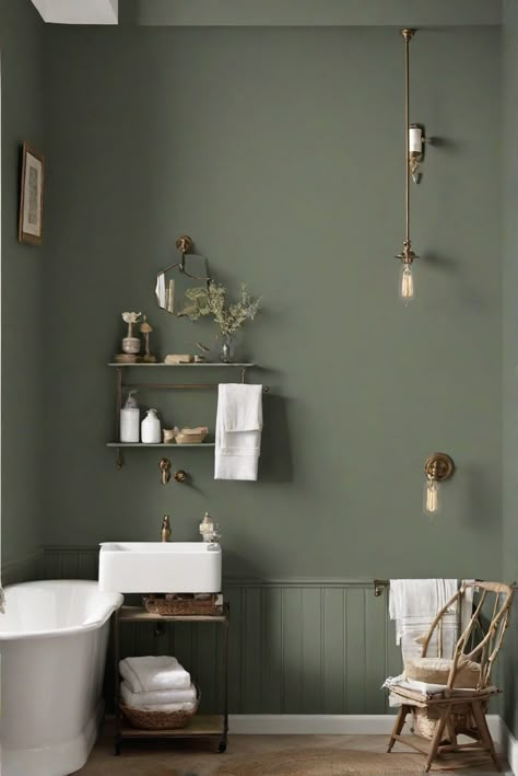 home decorating, home interior, interior bedroom design, living room interior Dark Green Color Drenched Bathroom, Dark Sage Walls, Dark Sage Bathroom, Dark Green Bathroom Paint, Earthy Bathroom Paint Colors, Green Color Drenched Bathroom, Color Drench Small Bathroom, Colour Drench Bathroom, Emerald Bathroom Ideas