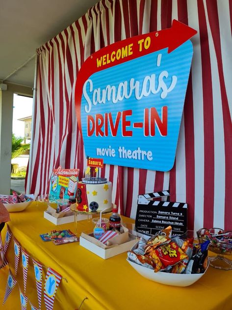 Retro Drive In Movie Party, Drive In Theme Birthday Party, Drive In Theater Party, Drive In Movie Decorations, Drive In Party Theme, Drive In Movie Theme Party, Drive In Movie Theme Birthday Party, Drive In Movie Party Ideas, Drive In Birthday Party Ideas