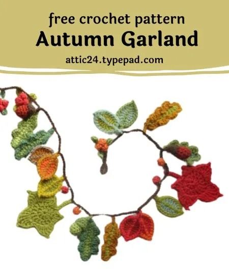 Free Crochet Pattern Autumn Garland · Free Crochet Patterns Crochet Acorn Garland, Fall Crochet Garland Pattern Free, Crochet Autumn Decor Free Pattern, Crochet Floral Garland Free Pattern, Autumn Garland Crochet, Fall Crochet Decor Patterns Free, Crochet Autumn Garland, Crochet Autumn Leaves Free Pattern, Crochet Fall Garland Patterns Free