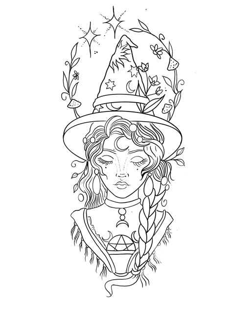 Witchy Tattoos Simple, Witch Drawing Ideas, Witchy Drawing Ideas, Drawing Ideas Simple, Witch Drawing, Traditional Tattoo Designs, Witch Coloring Pages, Adult Coloring Books Printables, Adult Coloring Designs