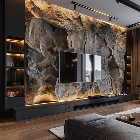 Tv Wall Stone Design, Tv Wall Design Luxury, Drawing Room Furniture, Stone Wall Design, Build A Fireplace, Earthy Home, Tv Room Design, Ceiling Design Bedroom, Smart Home Design