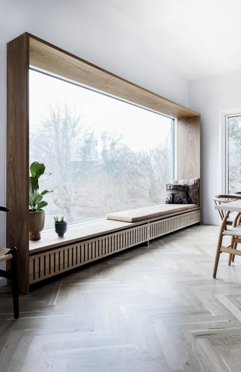 Window Sitting Ideas, Modern Window Seat, Modern Radiator Cover, Mid Century Modern House Exterior, Window Seat Ideas, Window Bench Seat, Office Workout, Window Seat Design, Window Seat Storage