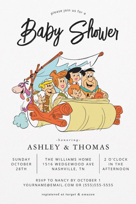 The Flintstones Baby Shower Invitation
Invite all your family and friends to your Baby Shower with these cute Flintstones invitations. Personalize by adding all your shower details! Ashley Thomas, The Flintstones, Baby Shower Supplies, Twins Baby Shower, Diaper Raffle, Baby Shower Gender Reveal, Twin Babies, Family And Friends, Baby Shower Invitation