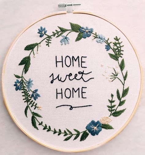 Samantha Bower on Instagram: “I love this wreath so much, I had to make a second embroidery!🌿 — #embroidery #hoopembroidery #handembroidery #diy #home”  #floralembroidery #homesweethome #quote #art #wreath Housewarming Embroidery, Welcome Embroidery Hoop, First Home Embroidery, Home Sweet Home Embroidery, Home Sweet Home Embroidery Pattern Free, Hoops Quotes, Home Sweet Home Embroidery Hoop, New Home Quotes, Home Quotes And Sayings