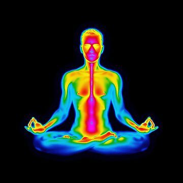 This artwork depicts a person in a meditative pose, captured through a thermal image that reveals the body's inner energy flow. The vibrant colors highlight the heat radiating from the core, symbolizing the warmth and vitality of the human spirit. The image represents a state of tranquility and deep connection to oneself, where the body and mind align to achieve inner peace. Thermal Body Art, Body Energy Flow, Meditative Pose, Thermal Image, Inner Energy, Heat Map, Body Energy, Thermal Imaging, Human Spirit