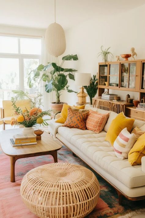 Boho Interior Design Living Room, Boho Living Room Colorful, Cozy Colorful Living Room, Simple Cozy Living Room, Cozy Boho Living Room Inspiration, Caribbean Living Room, Colorful Boho Living Room, Boho Living Rooms, Boho Living Room Decor Ideas