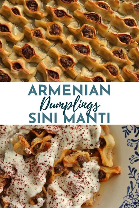 These homemade baked Manti (Sini Manti) are traditional Armenian dumplings. They feature a savory beef filling, and a luscious yogurt-garlic sauce. While some recipes differ, using lamb instead of beef, this is my family's beloved version. It's by far the best I've ever had on two continents and well worth the effort! Manti Armenian, Armenian Christmas Food, Armenian Manti Recipe, Manti Recipe, Armenian Recipes, Moroccan Food, Asian Desserts, Irish Recipes, European Food