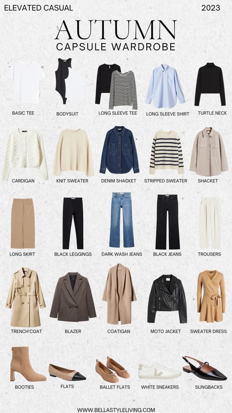 fall capsule wardrobe 2023 Fall Clothing Essentials List, Simple Fall Capsule Wardrobe, Neutral Capsule Wardrobe Fall, Capsule Wardrobe Outerwear, Easy Fall Capsule Wardrobe, Fall Outfits Women Professional, Fall Style Classic, Autumn Work Capsule Wardrobe, Staple Fall Wardrobe Pieces 2023