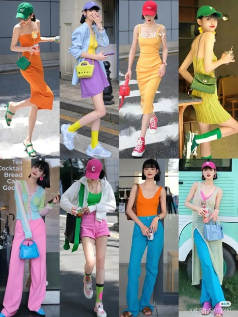 Green And Hot Pink Outfit, Colorful Outfits Summer, Colour Blocking Outfit, Colorblock Outfits, Yellow Jeans Outfit, Korean Fashion Colorful, Ootd Colorful, Bright Outfit, Mix Match Outfits