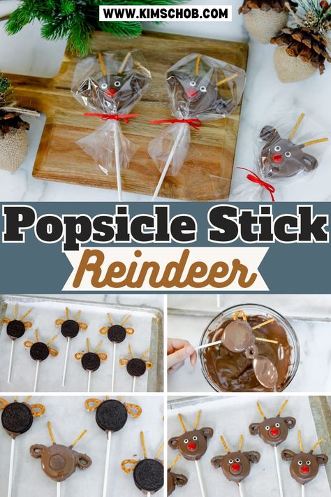 These popsicle stick reindeer are so adorable and make the perfect holiday treat! They are really easy to make, and everyone will love them. Popsicle Stick Reindeer, Edible Christmas Ornaments, Stick Reindeer, Cute Popsicle, Double Stuffed Oreos, Easy Treats To Make, Oreo Thins, Reindeer Noses, Reindeer Cookies