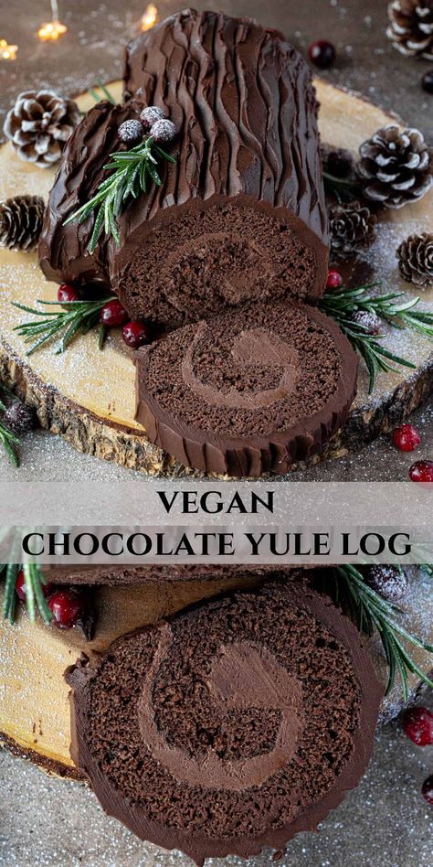 Vegan chocolate yule log - this delicious vegan chocolate swiss roll cake is a real show stopper for Christmas! With a delicate chocolate sponge cake, chocolate buttercream filling and rich chocolate ganache icing this cake is a chocaholics dream! Vegan Yule Log, Vegan Xmas, Chocolate Log, Vegan Christmas Dinner, Chocolate Yule Log, Yule Log Cake, Vegan Holiday Recipes, Vegan Baking Recipes, Vegan Christmas Recipes