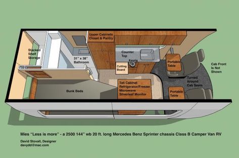 Mies - "Less is more" 144 wheel base, 2500 chassis Mercedes Benz Sprinter with bunk beds, a 31" x 38" bathroom, 27 cf of stacked storage in the back with adjustable shelves to accommodate two folding bicycles and two inflatable kayaks inside the van at the same time. Definitely a one or two person Class B without need for convertible either/or staying up or sleeping spaces. The galley is larger than any short Sprinter I am aware of with microwave and refrigerator at standup height, built in Keu Van Conversion Bathroom, Camper Bunk Beds, Sprinter Camper Conversion, Bus Build, Mercedes 4x4, Camp Van, Mercedes Sprinter Camper, Mercedes Van, Van Rv