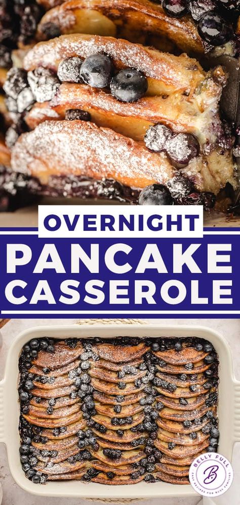 This amazing Pancake Casserole is everyone’s favorite pancakes turned into a substantial overnight breakfast casserole! Preparing it the night before makes breakfast or brunch the next morning so quick and easy! Overnight Casseroles Breakfast, Blueberry Pancake Pudding, Pancake Casserole Bisquick, Sweet Breakfast Casserole Crockpot, Breakfast Casserole Sweet Easy, Pancake Lasagna Breakfast, Frozen Pancakes In Crockpot, Overnight Blueberry Breakfast Casserole, Breakfast Casserole Fruit