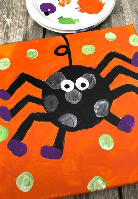 This spider canvas is a super easy painting activity for a workshop or party craft with kids. The steps are so simple and leave room for creativity and style. Painting is such a great form of self expression. Furthermore, it is great form of relaxation. #halloween #halloweencrafts #halloweenactivites #halloweenpaintings #spider How To Halloween Paintings On Canvas, Pumpkin Canvas Painting Kids, Kid Halloween Painting Ideas, Halloween Paintings On Canvas For Kids, Kids Halloween Canvas Painting, Kids Halloween Painting Ideas, Halloween Canvas Art For Kids, Halloween Paintings On Canvas Easy Kids, Fall Canvas Painting Ideas For Kids