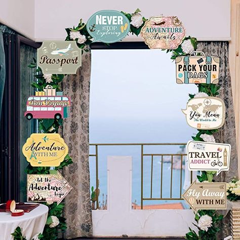 Amazon.com: Let the Adventure Begin Sign Travel Cutouts Bon Voyage Banner Adventure Signs Party Supplies Door Sign Travel Themed Birthday Party Wall Decoration Signs 10 Counts : Home & Kitchen Bon Voyage Banner, Travel Themed Birthday Party, Travel Party Decorations, Vintage Travel Party, Farewell Party Decorations, Airport Theme, Travel Theme Decor, Bon Voyage Party, Around The World Theme